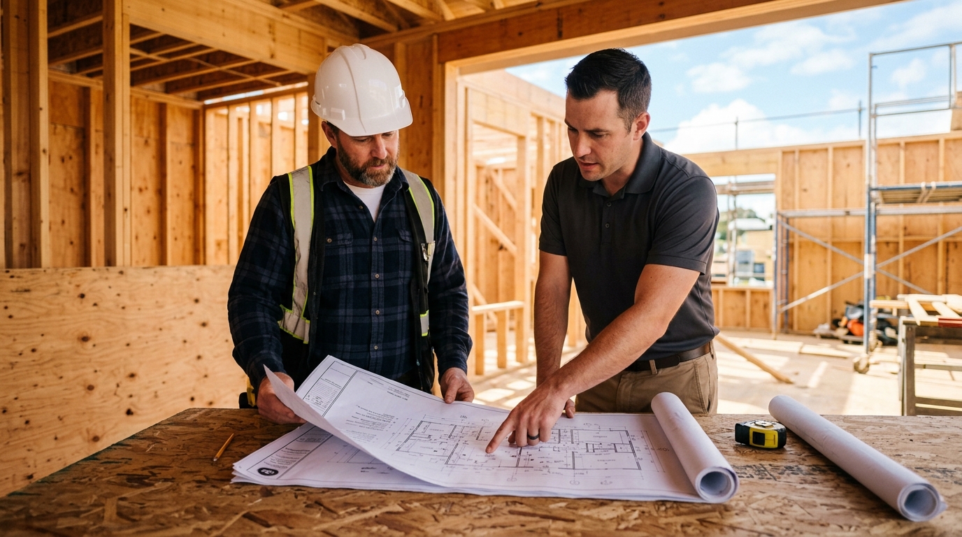 Builder and smart home consultant reviewing pre-wire plans