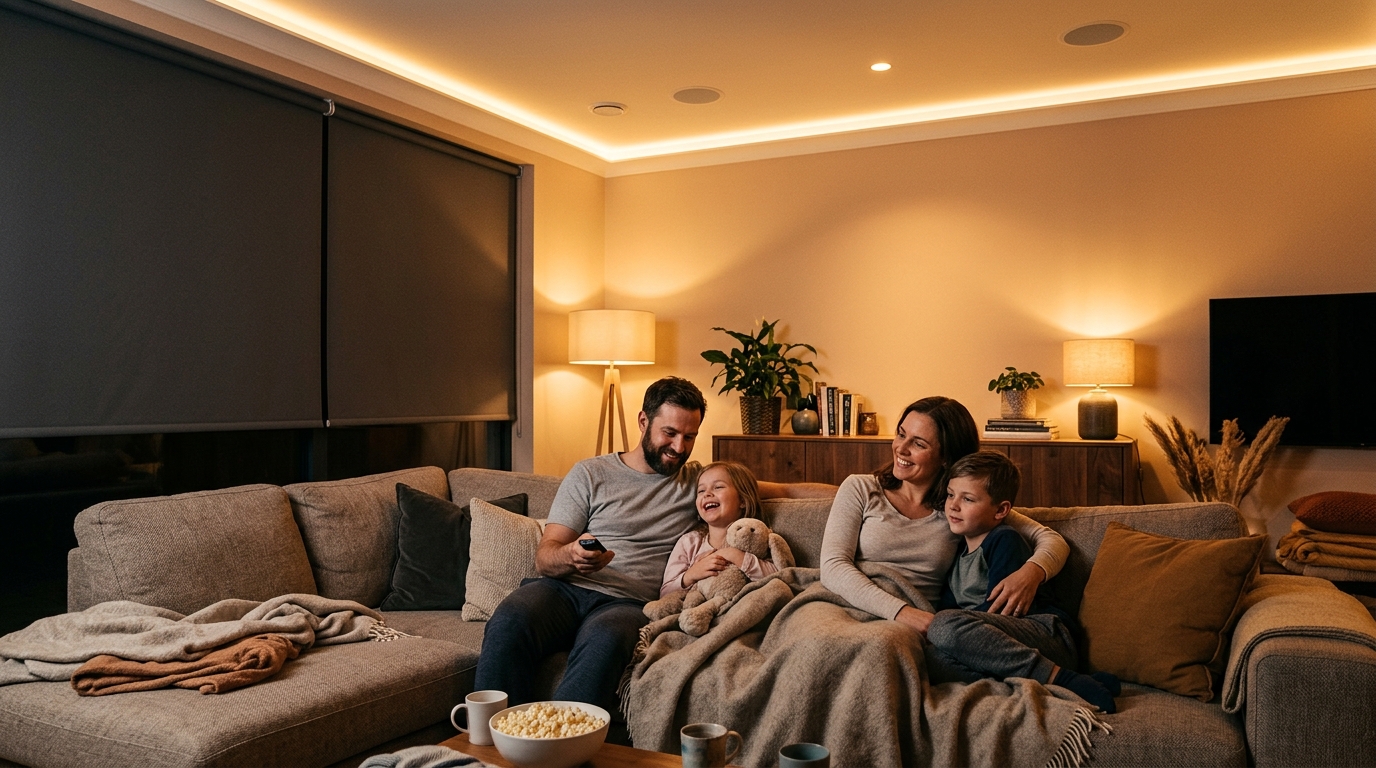 Family enjoying automated living room lighting scene