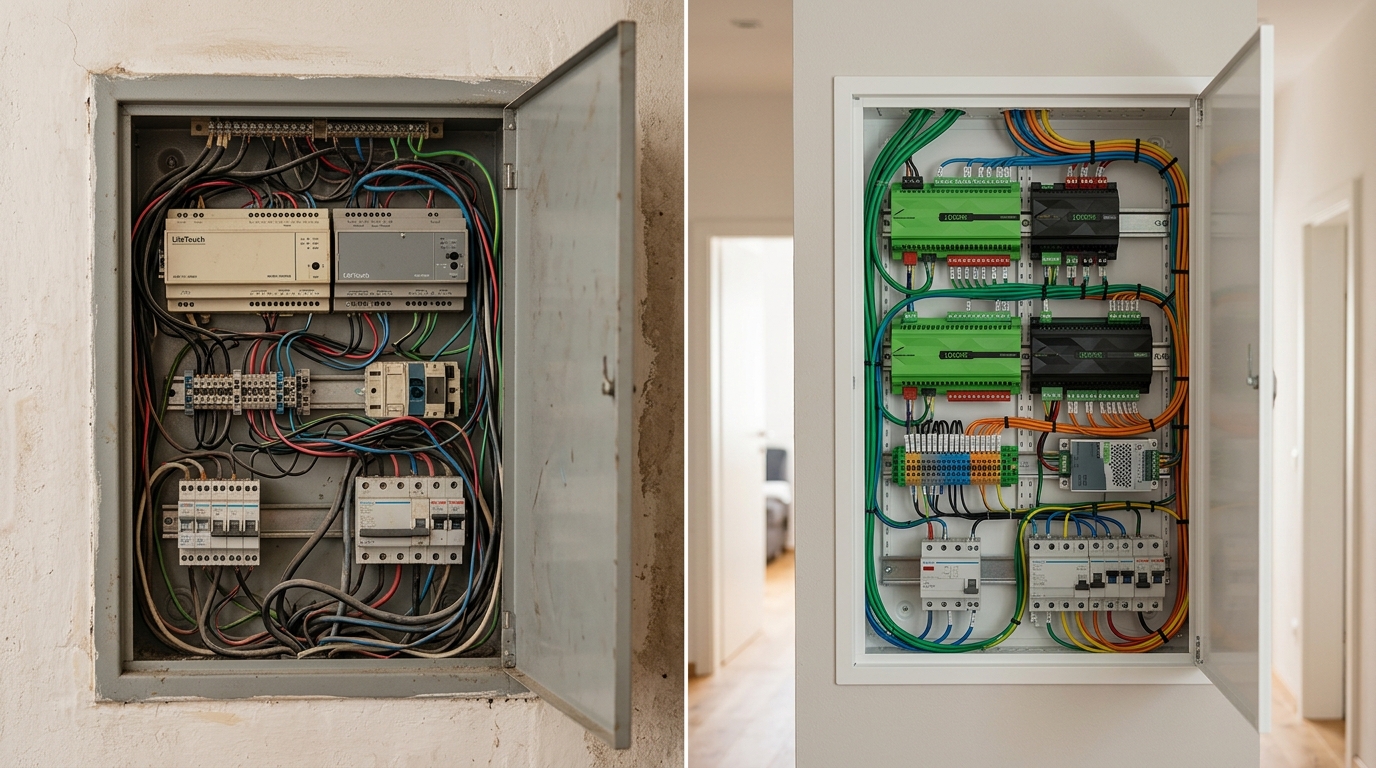 Side-by-side old LiteTouch panel vs modern LOXONE system