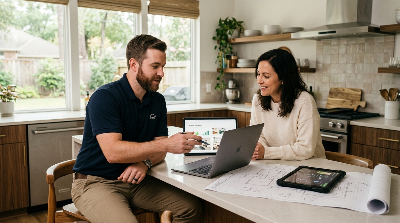 Smart home consultant reviewing project quote at kitchen table