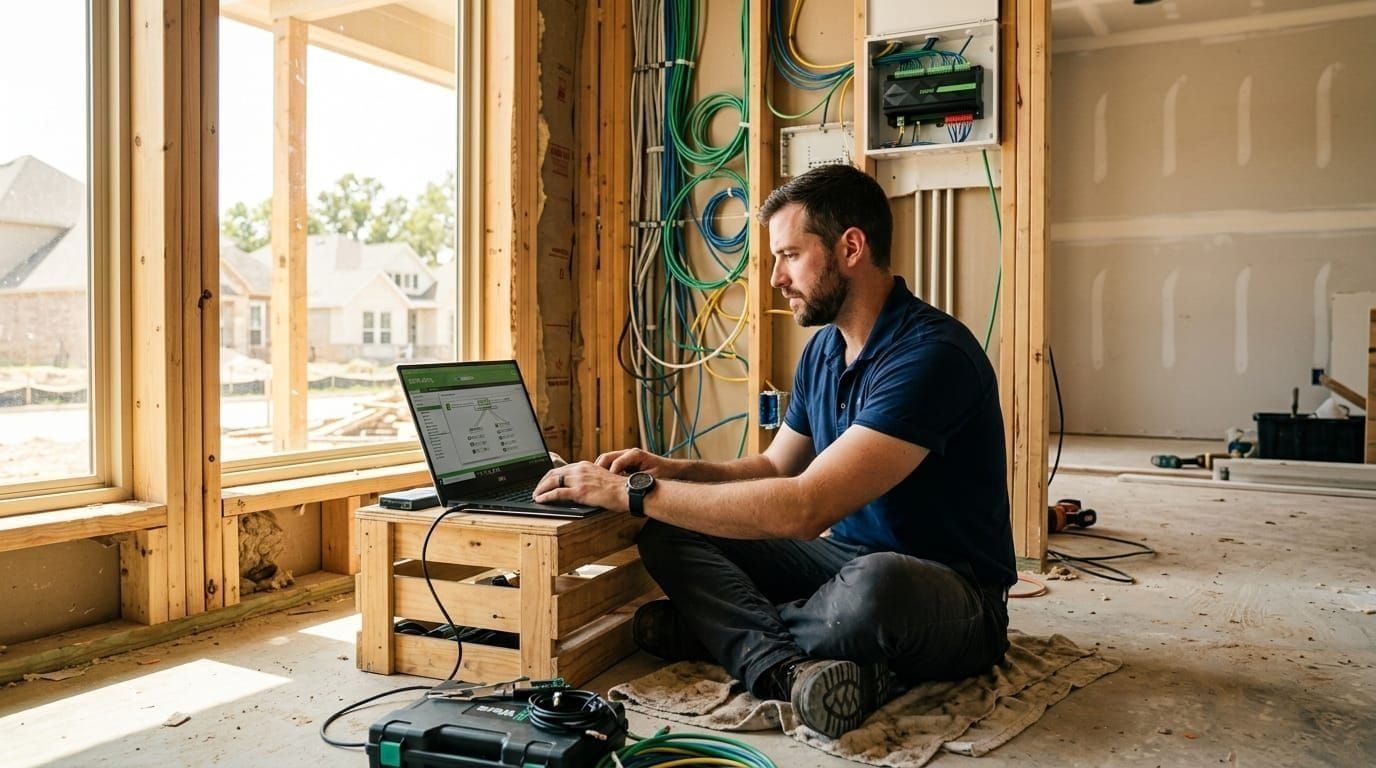 Smart home integrator using a laptop to program a LOXONE system on-site in a Houston new construction home