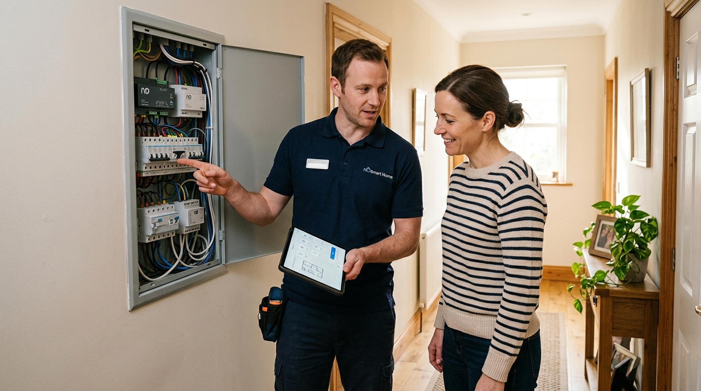 Homeowner and technician discussing smart home upgrade options