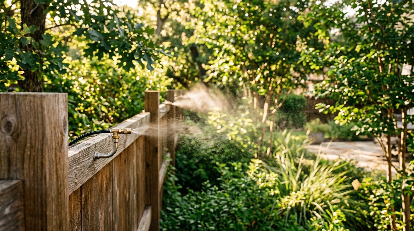 Mosquito misting system nozzle installed along backyard fence