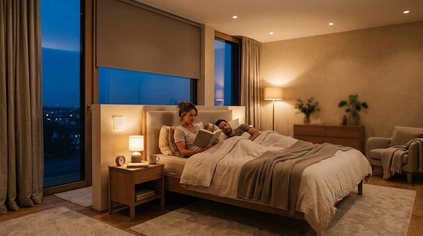 Cozy bedroom with LOXONE automated lighting and shades