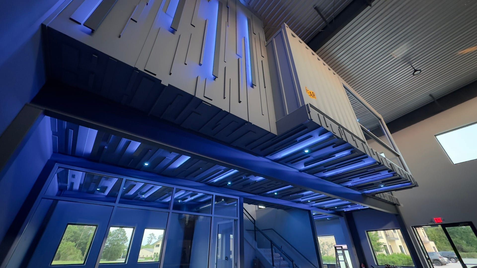 Grizzly Tec LOXONE architectural lighting — blue accent lighting on building exterior