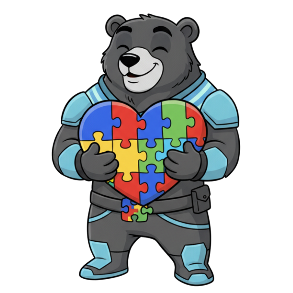 Griz holding an autism awareness puzzle heart