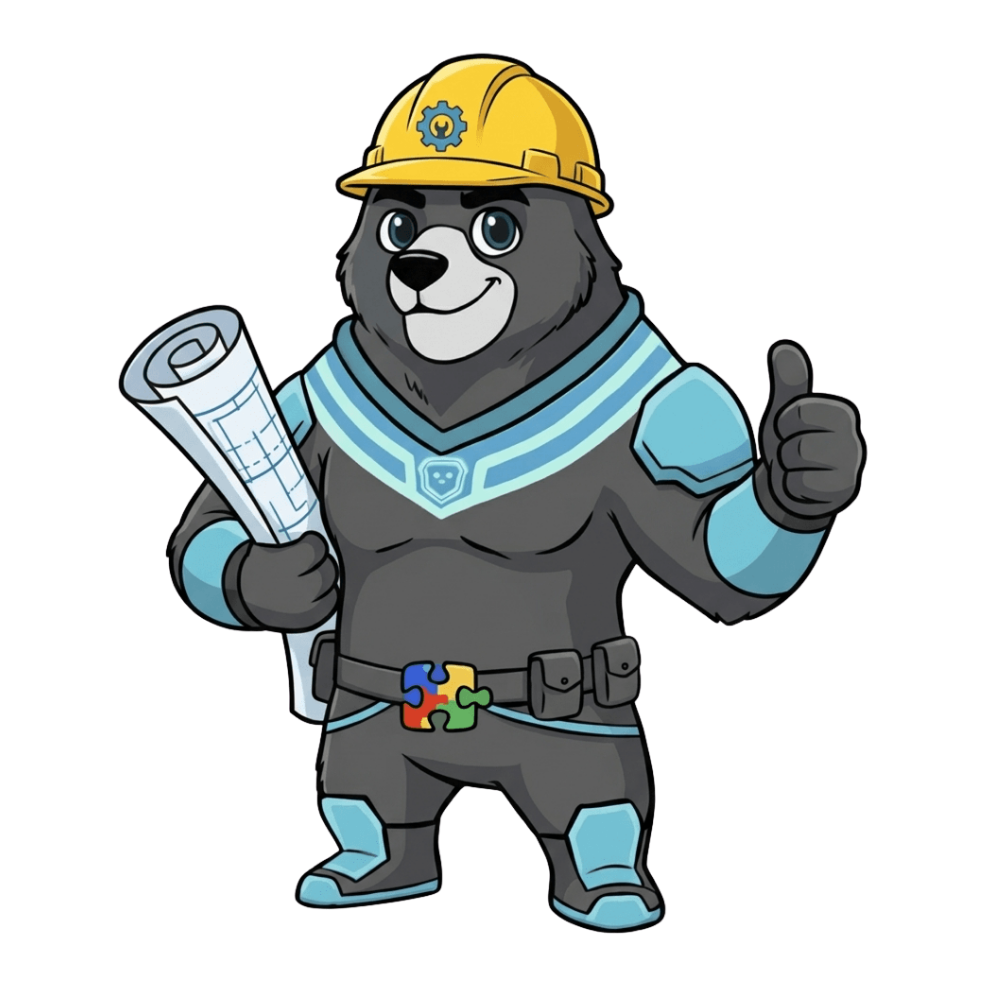 Griz the bear with hardhat and blueprints